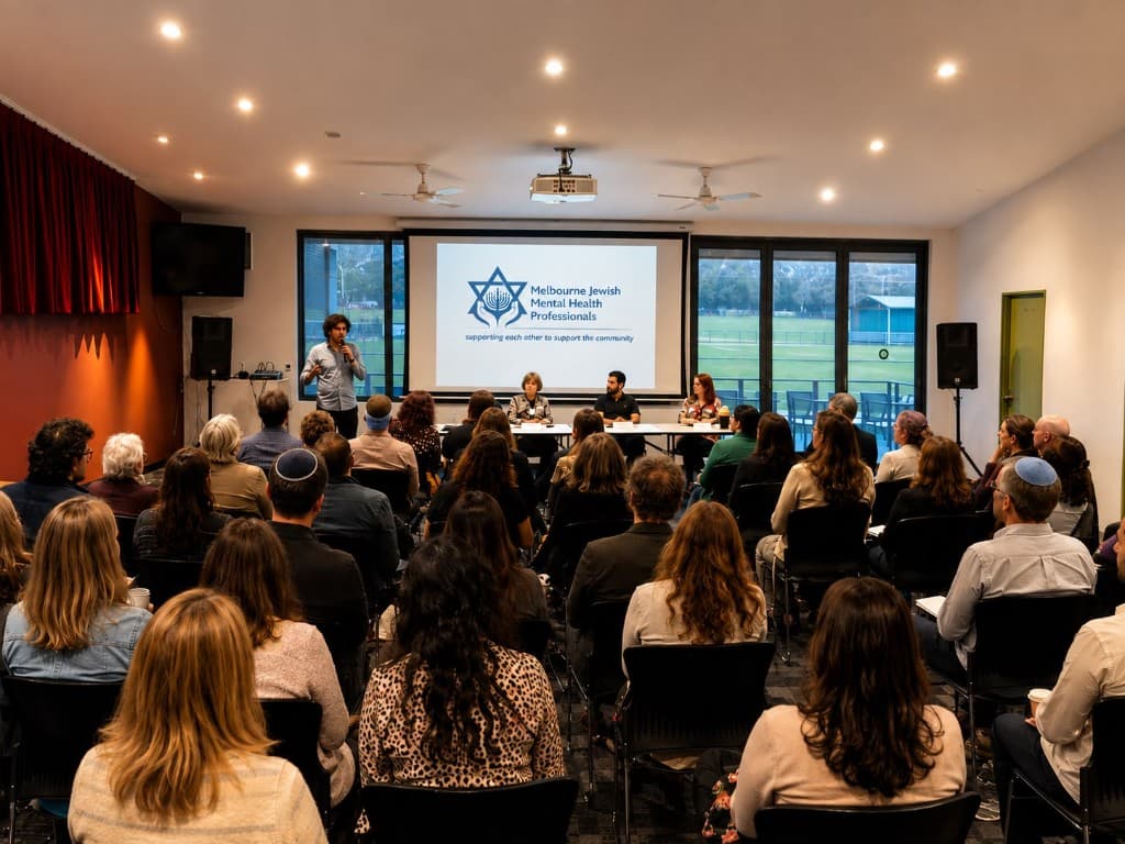 MJMHP professionals seated at a seminar, facing a speaker and a screen showing the MJMHP logo