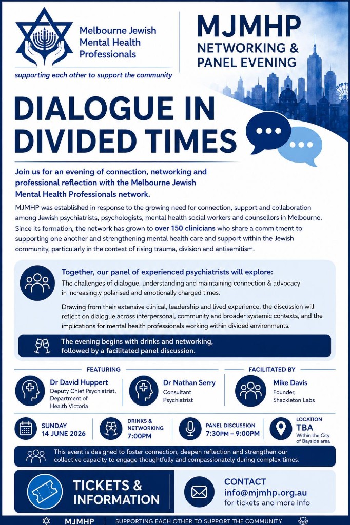 Flyer for Dialogue in Divided Times, MJMHP networking and panel evening, Sunday 14 June 2026